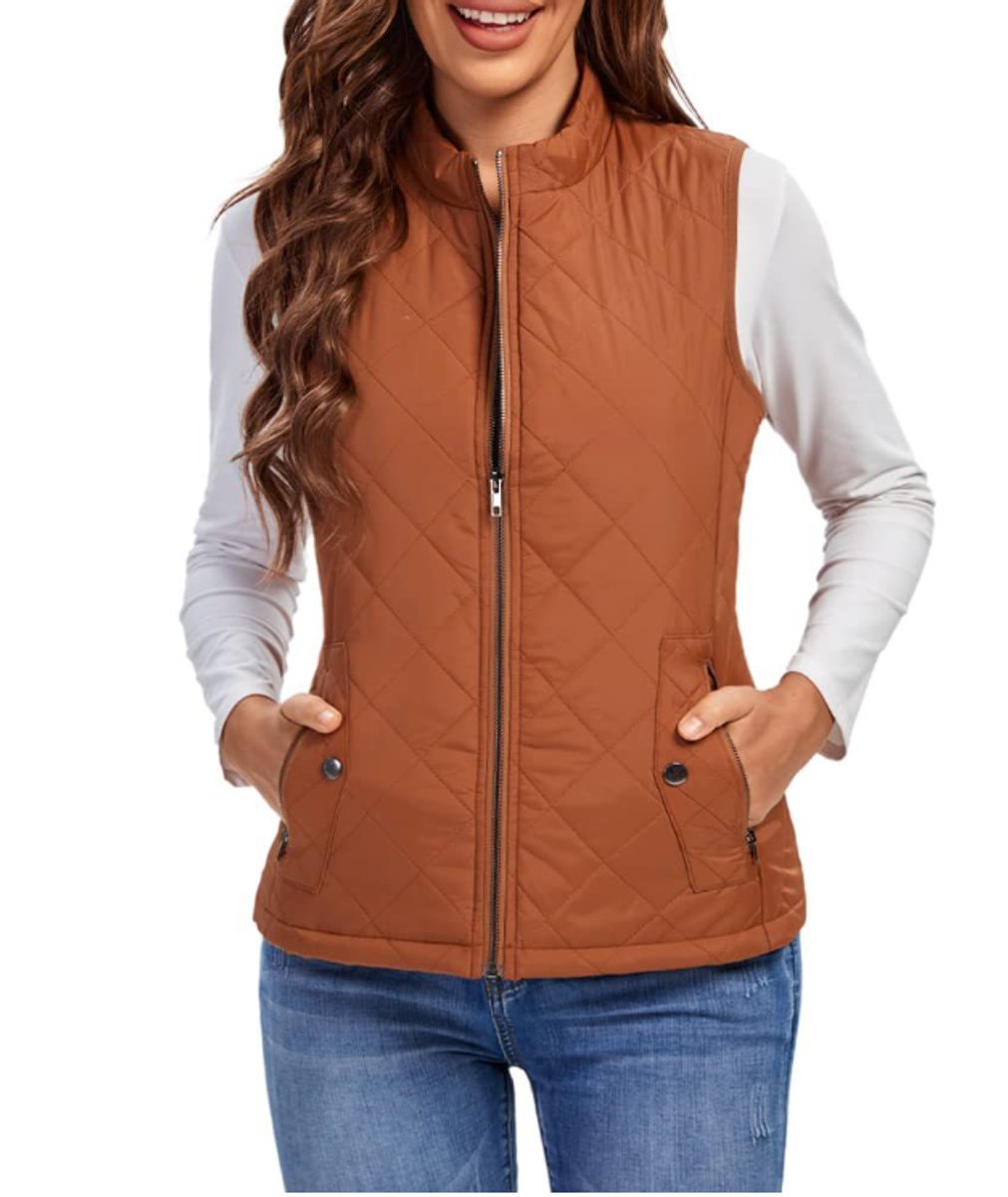 Women's Quilted Zip-Up Puffer Vest Stand Collar | Autumn - Khaki