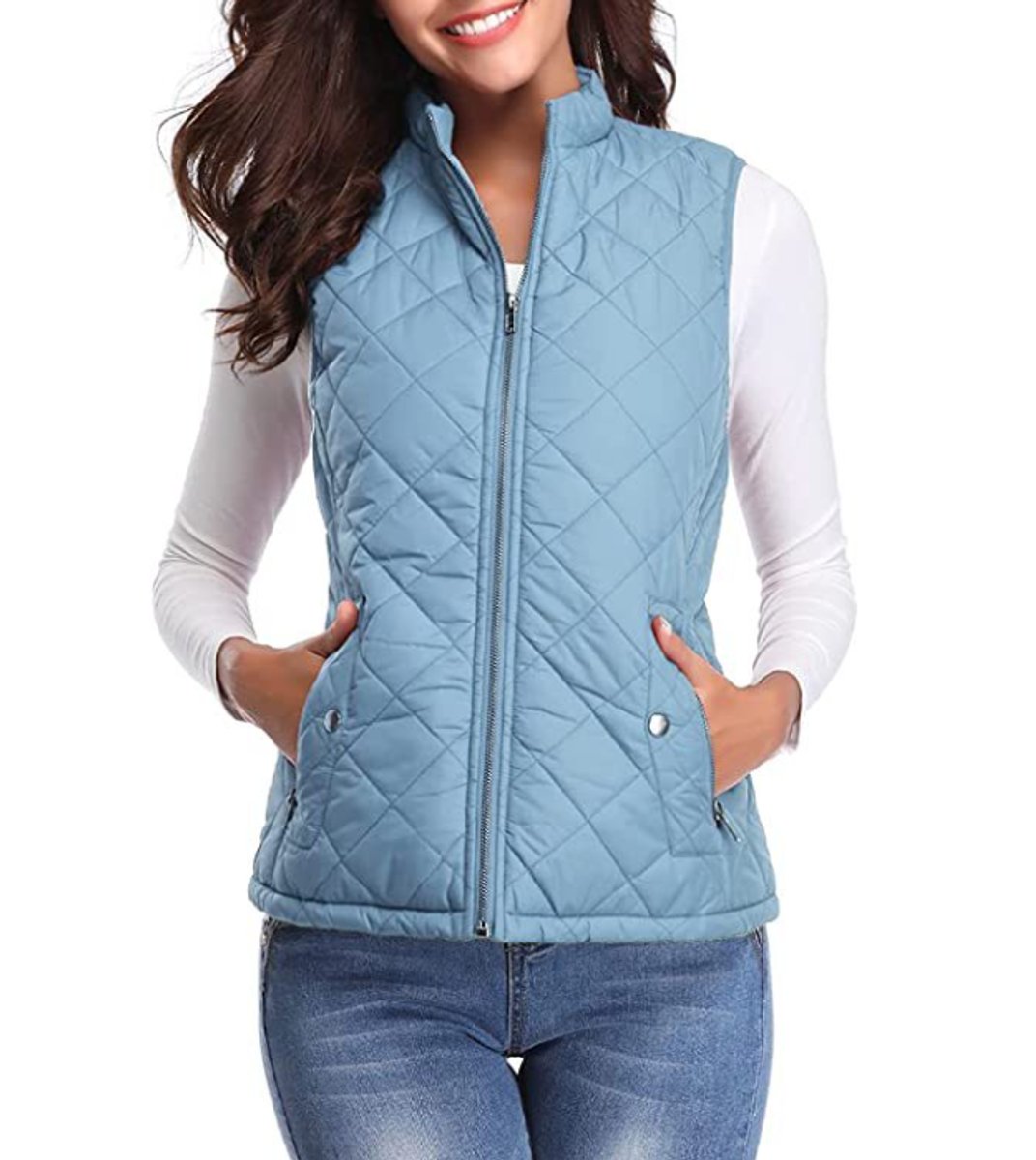 Women's Quilted Zip-Up Puffer Vest Stand Collar | Autumn - Light Blue