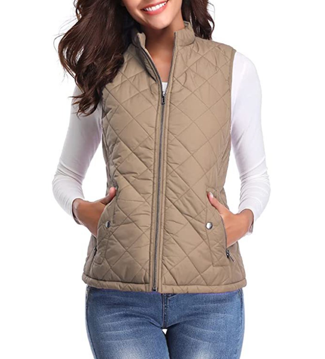 Women's Quilted Zip-Up Puffer Vest Stand Collar | Autumn - Light Mocha