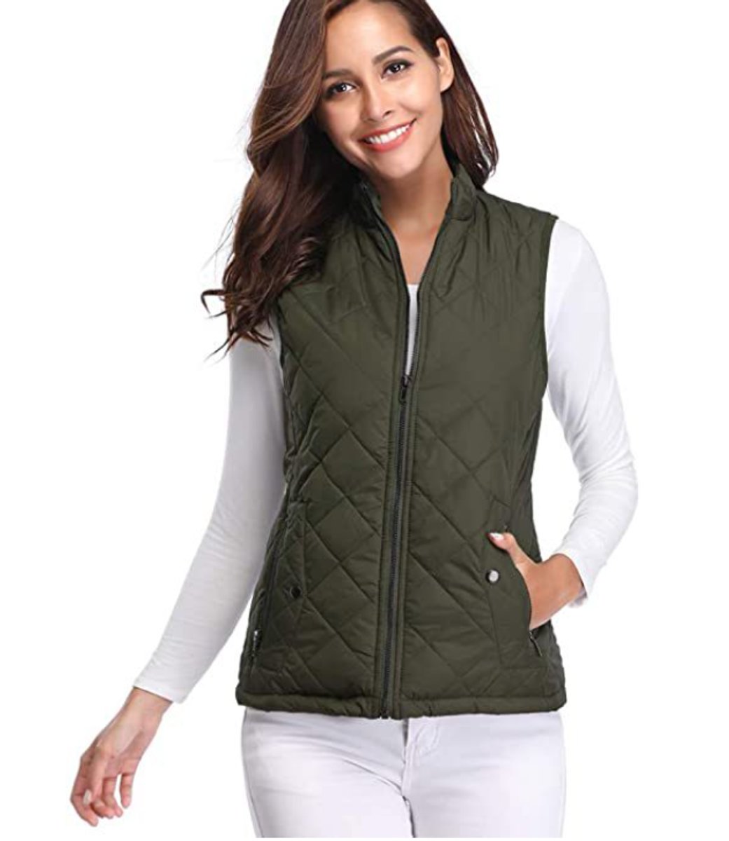 Women's Quilted Zip-Up Puffer Vest Stand Collar | Autumn - Olive Green