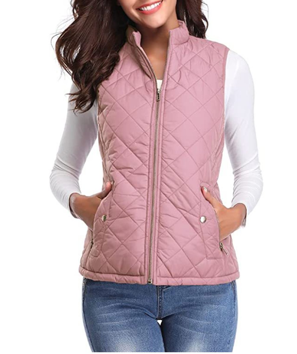 Women's Quilted Zip-Up Puffer Vest Stand Collar | Autumn - Pink