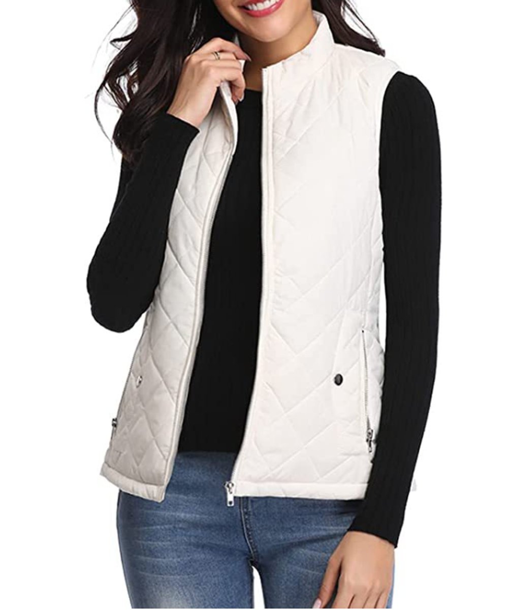 Women's Quilted Zip-Up Puffer Vest Stand Collar | Autumn - White