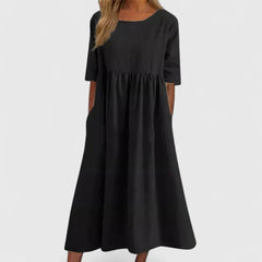 Women's Relaxed A-Line Half Sleeve Midi Dress with Pockets | Spring - Black