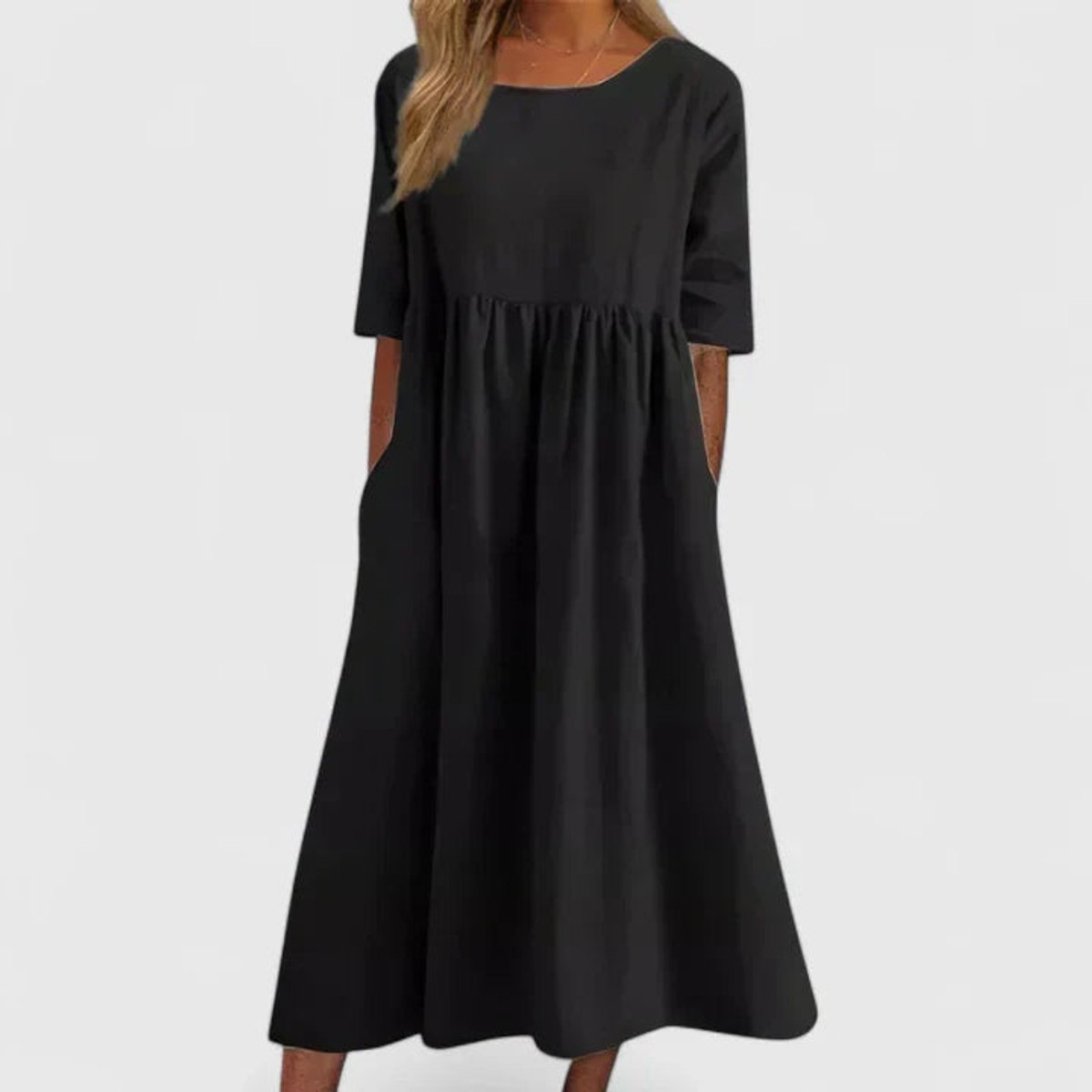 Women's Relaxed A-Line Half Sleeve Midi Dress with Pockets | Spring - Black