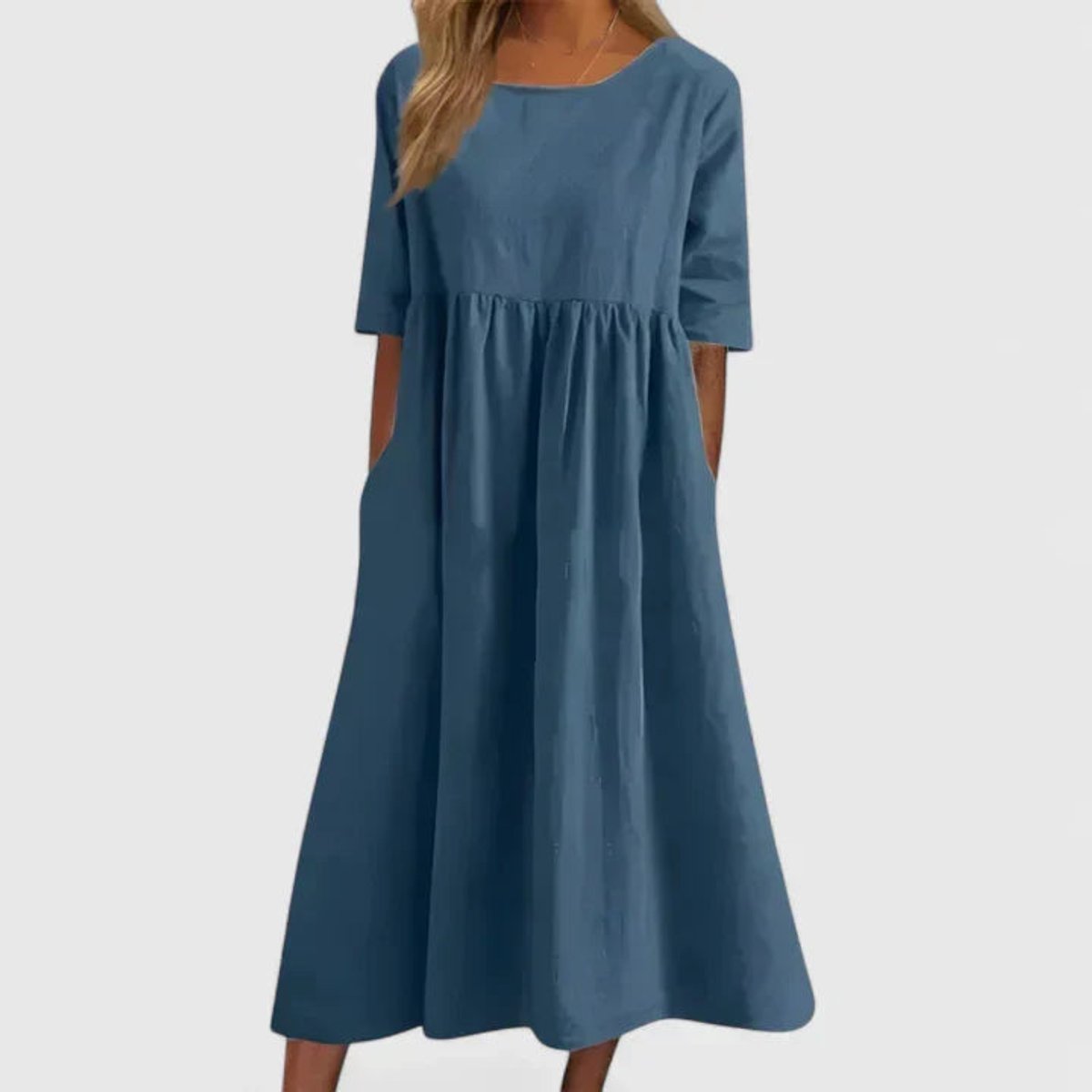Women's Relaxed A-Line Half Sleeve Midi Dress with Pockets | Spring - Blue