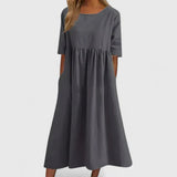 Women's Relaxed A-Line Half Sleeve Midi Dress with Pockets | Spring - Gray