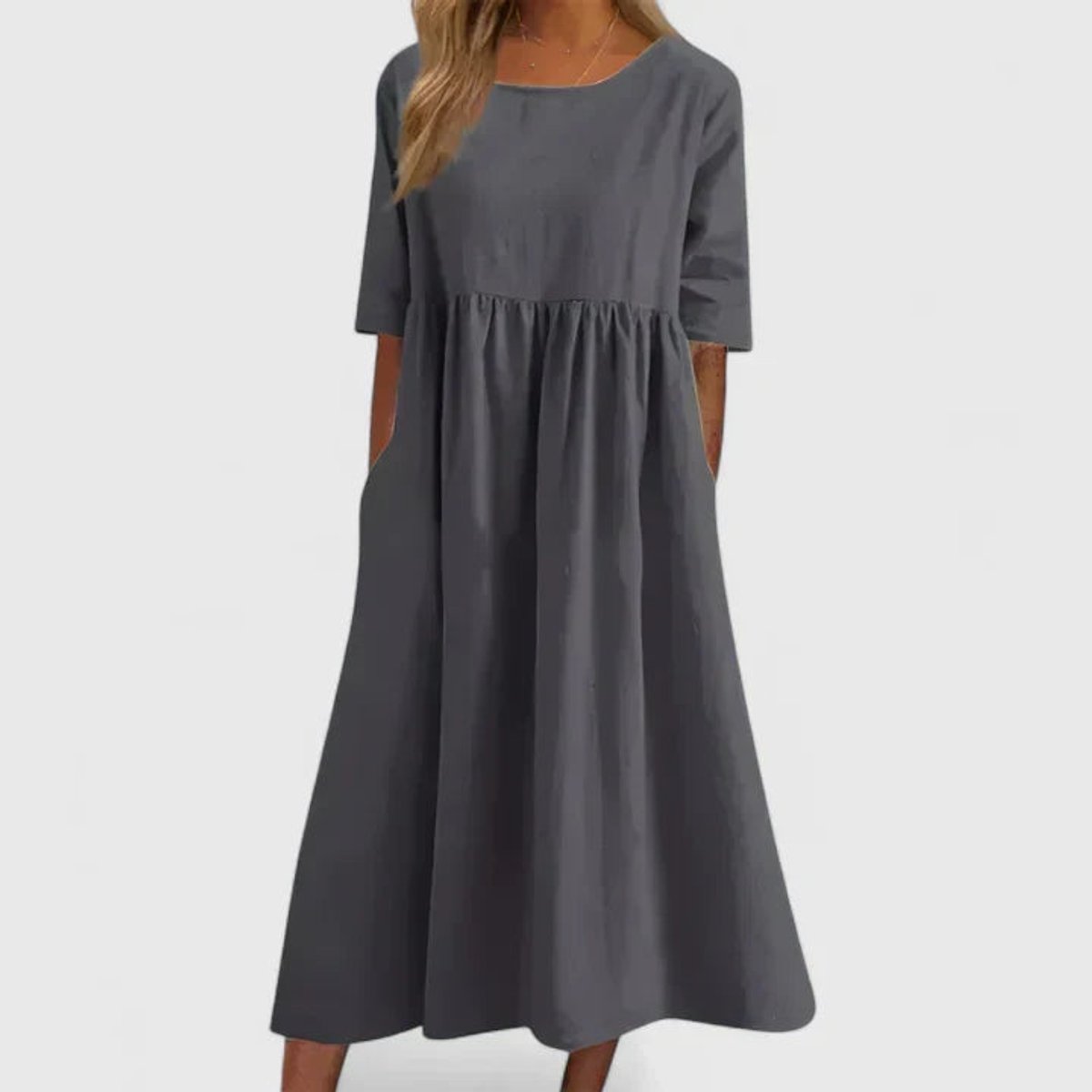 Women's Relaxed A-Line Half Sleeve Midi Dress with Pockets | Spring - Gray