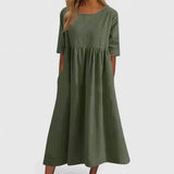 Women's Relaxed A-Line Half Sleeve Midi Dress with Pockets | Spring - Green