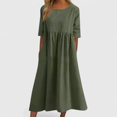 Women's Relaxed A-Line Half Sleeve Midi Dress with Pockets | Spring - Green