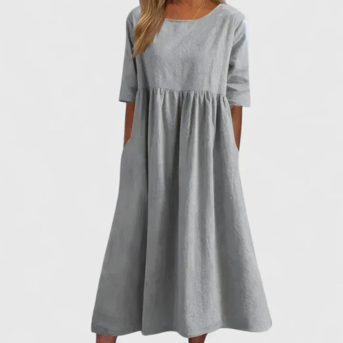 Women's Relaxed A-Line Half Sleeve Midi Dress with Pockets | Spring - Light Gray