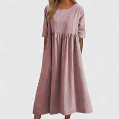 Women's Relaxed A-Line Half Sleeve Midi Dress with Pockets | Spring - Pink