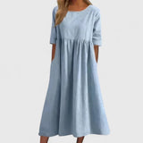 Women's Relaxed A-Line Half Sleeve Midi Dress with Pockets | Spring - Sky Blue