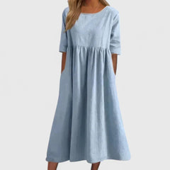 Women's Relaxed A-Line Half Sleeve Midi Dress with Pockets | Spring - Sky Blue