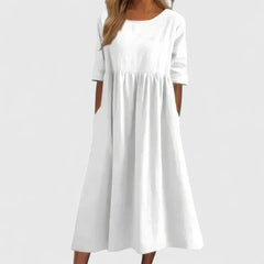 Women's Relaxed A-Line Half Sleeve Midi Dress with Pockets | Spring - White
