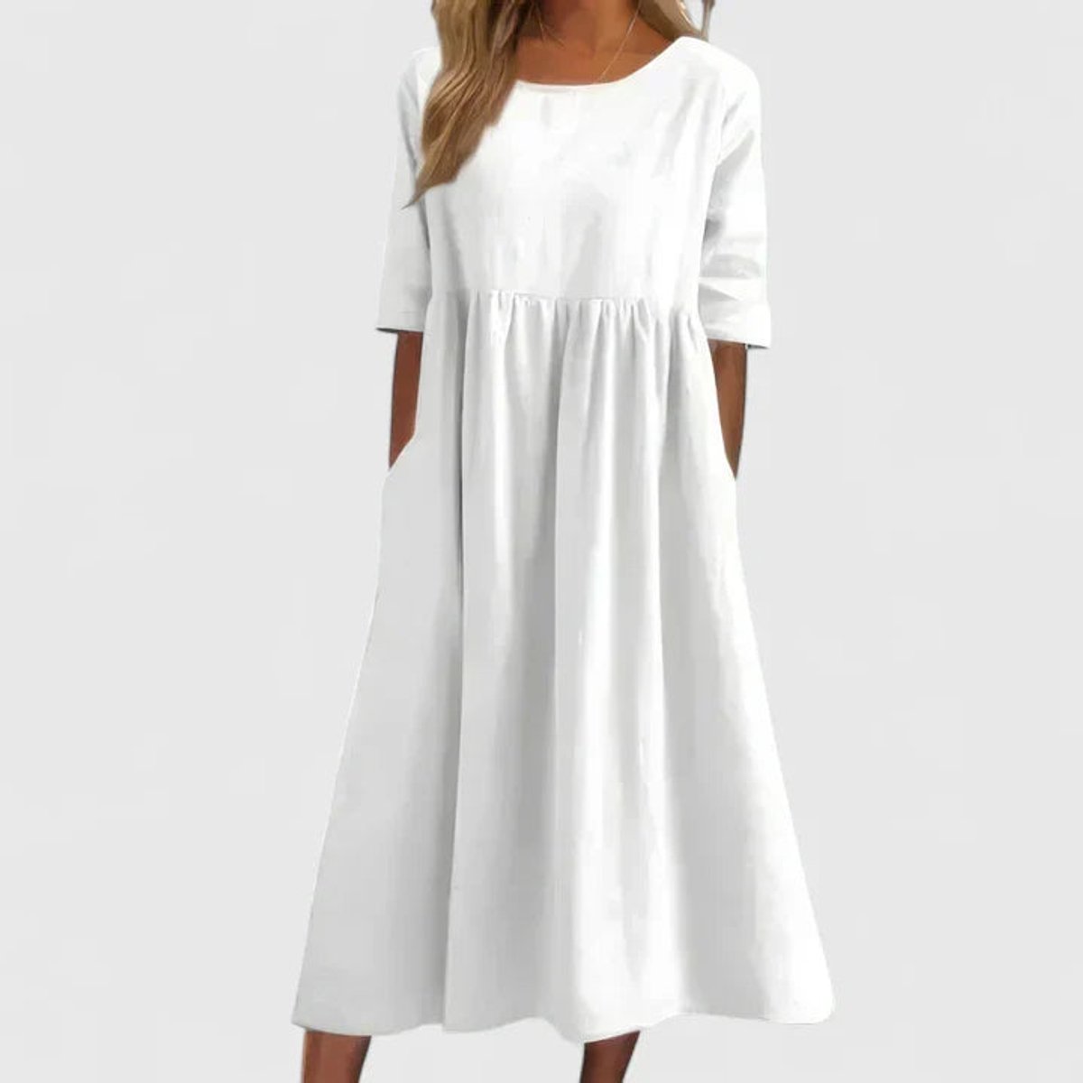 Women's Relaxed A-Line Half Sleeve Midi Dress with Pockets | Spring - White