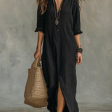 Women's Relaxed-Fit Button-Down Maxi Shirt Dress - Bohemian | Summer - Black