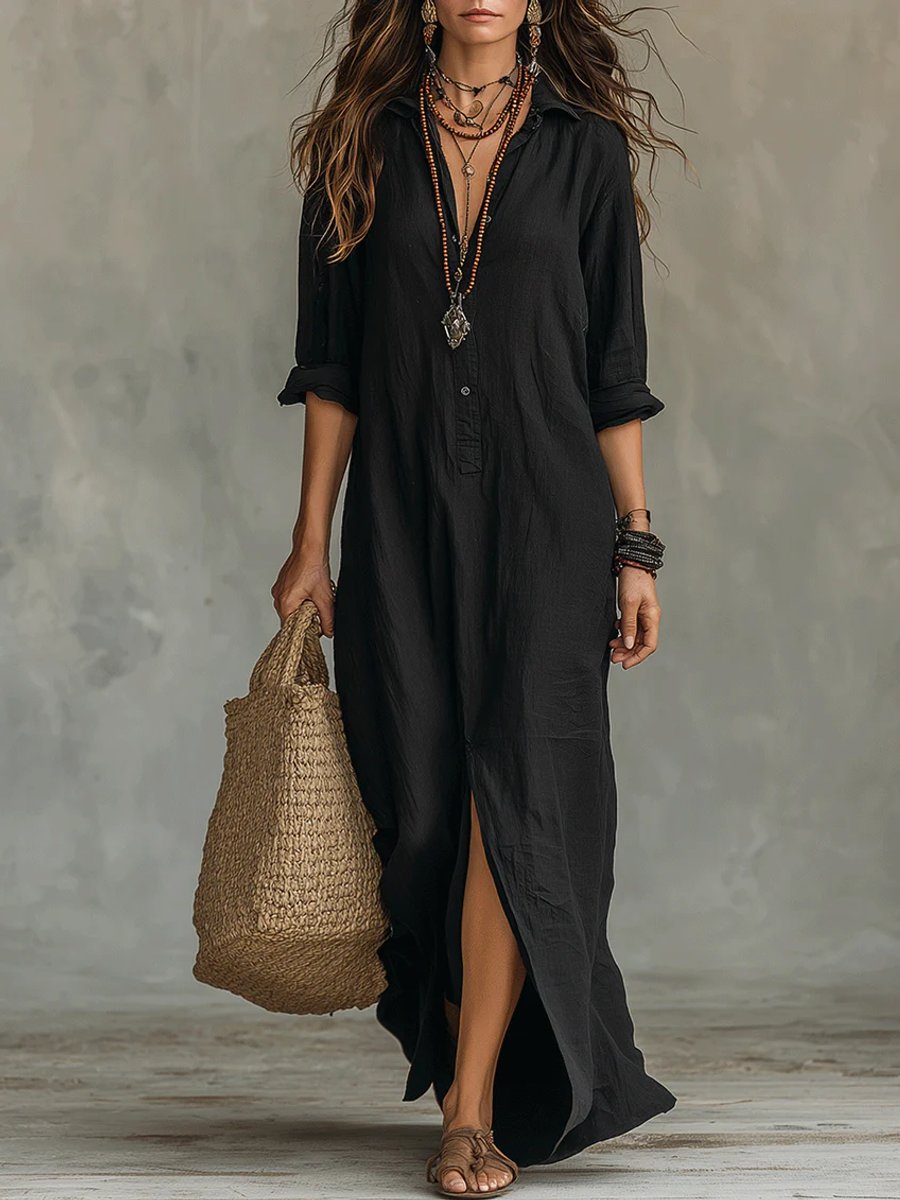 Women's Relaxed-Fit Button-Down Maxi Shirt Dress - Bohemian | Summer - Black