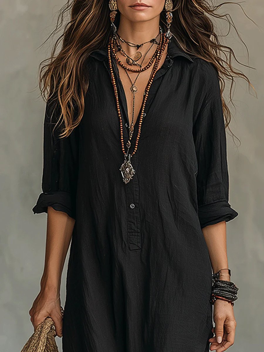 Women's Relaxed-Fit Button-Down Maxi Shirt Dress - Bohemian | Summer