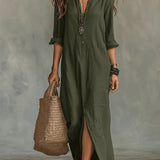 Women's Relaxed-Fit Button-Down Maxi Shirt Dress - Bohemian | Summer - Green