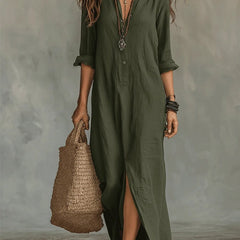 Women's Relaxed-Fit Button-Down Maxi Shirt Dress - Bohemian | Summer - Green