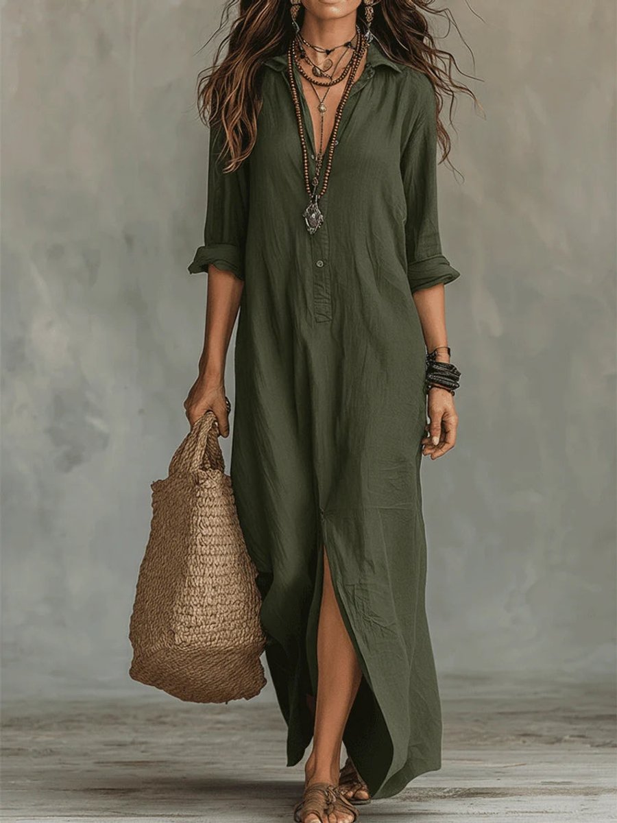 Women's Relaxed-Fit Button-Down Maxi Shirt Dress - Bohemian | Summer - Green
