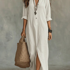 Women's Relaxed-Fit Button-Down Maxi Shirt Dress - Bohemian | Summer - White