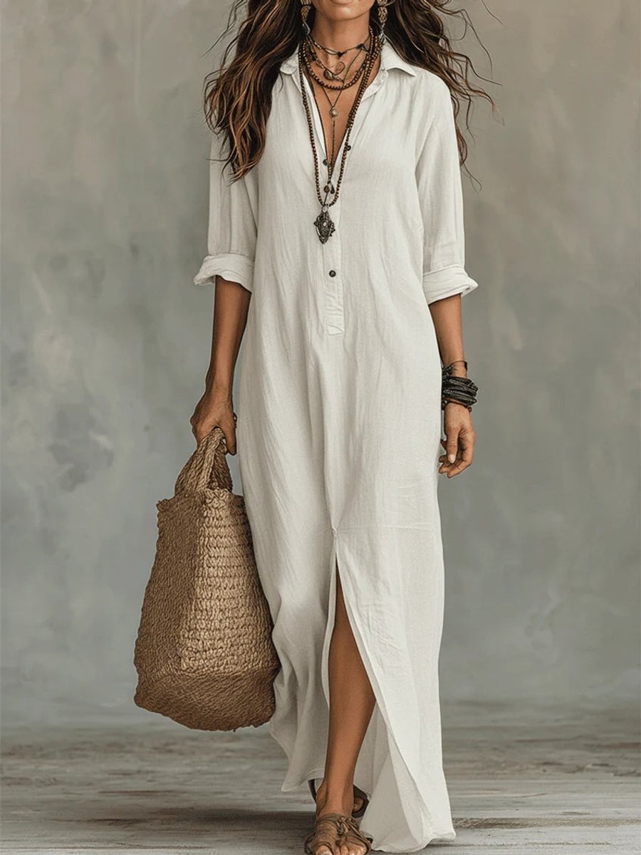 Women's Relaxed-Fit Button-Down Maxi Shirt Dress - Bohemian | Summer - White