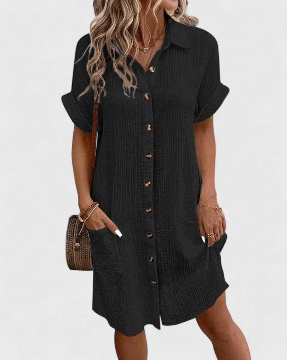 Women's Relaxed-Fit Button-Down Short Sleeve Shirt Dress | Summer - Black