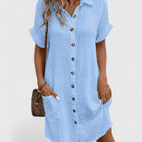 Women's Relaxed-Fit Button-Down Short Sleeve Shirt Dress | Summer - Blue