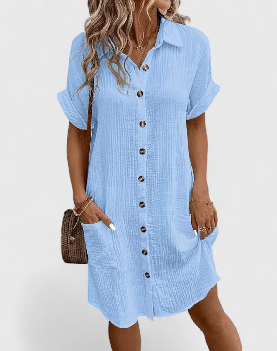 Women's Relaxed-Fit Button-Down Short Sleeve Shirt Dress | Summer - Blue