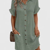 Women's Relaxed-Fit Button-Down Short Sleeve Shirt Dress | Summer - Green