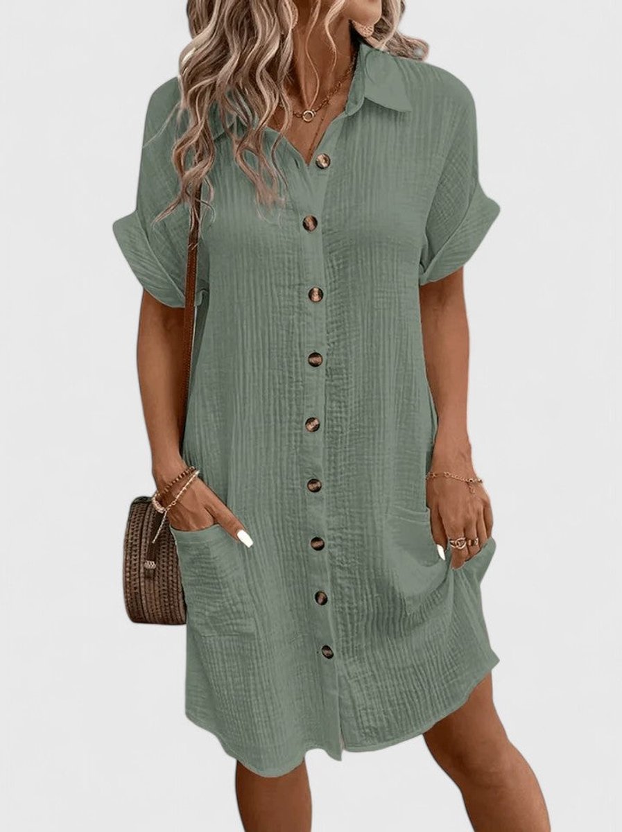 Women's Relaxed-Fit Button-Down Short Sleeve Shirt Dress | Summer - Green