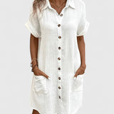 Women's Relaxed-Fit Button-Down Short Sleeve Shirt Dress | Summer - White