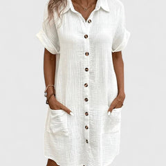Women's Relaxed-Fit Button-Down Short Sleeve Shirt Dress | Summer - White