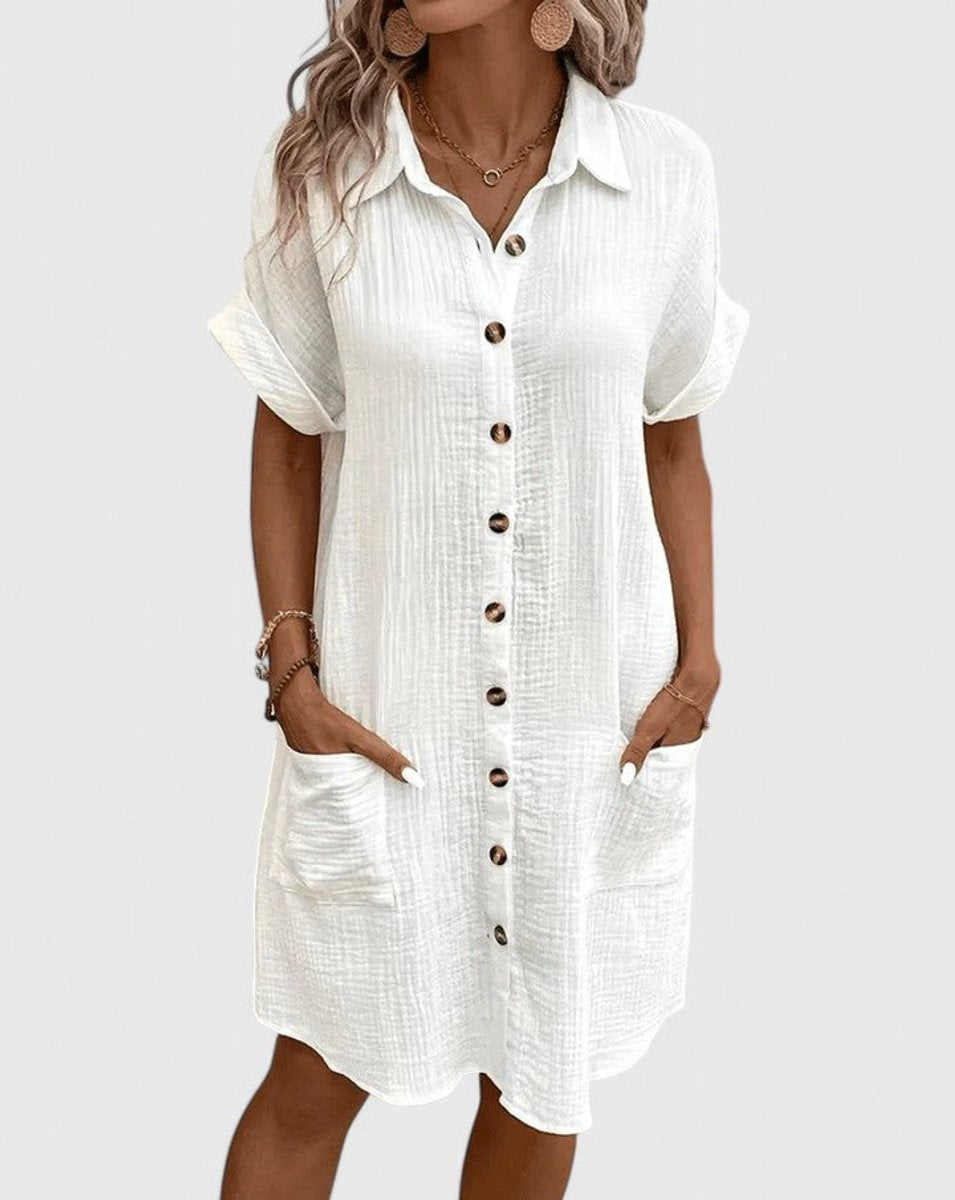 Women's Relaxed-Fit Button-Down Short Sleeve Shirt Dress | Summer - White