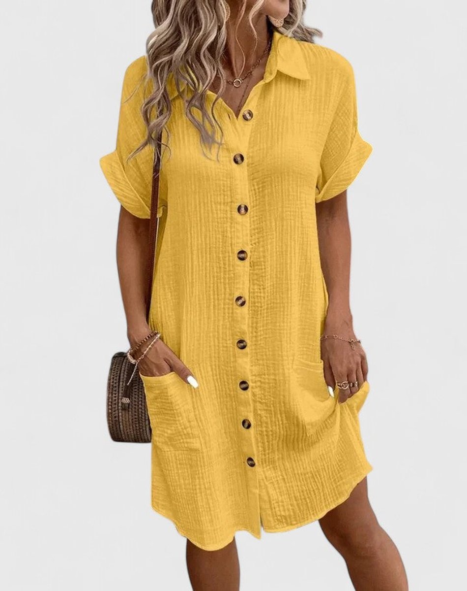 Women's Relaxed-Fit Button-Down Short Sleeve Shirt Dress | Summer - Yellow
