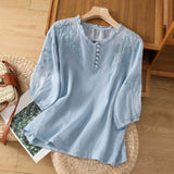 Women's Relaxed-Fit Floral Embroidered Puff-Sleeve Blouse - Bohemian - Blue