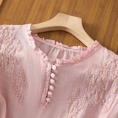 Women's Relaxed-Fit Floral Embroidered Puff-Sleeve Blouse - Bohemian