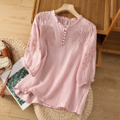 Women's Relaxed-Fit Floral Embroidered Puff-Sleeve Blouse - Bohemian - Pink