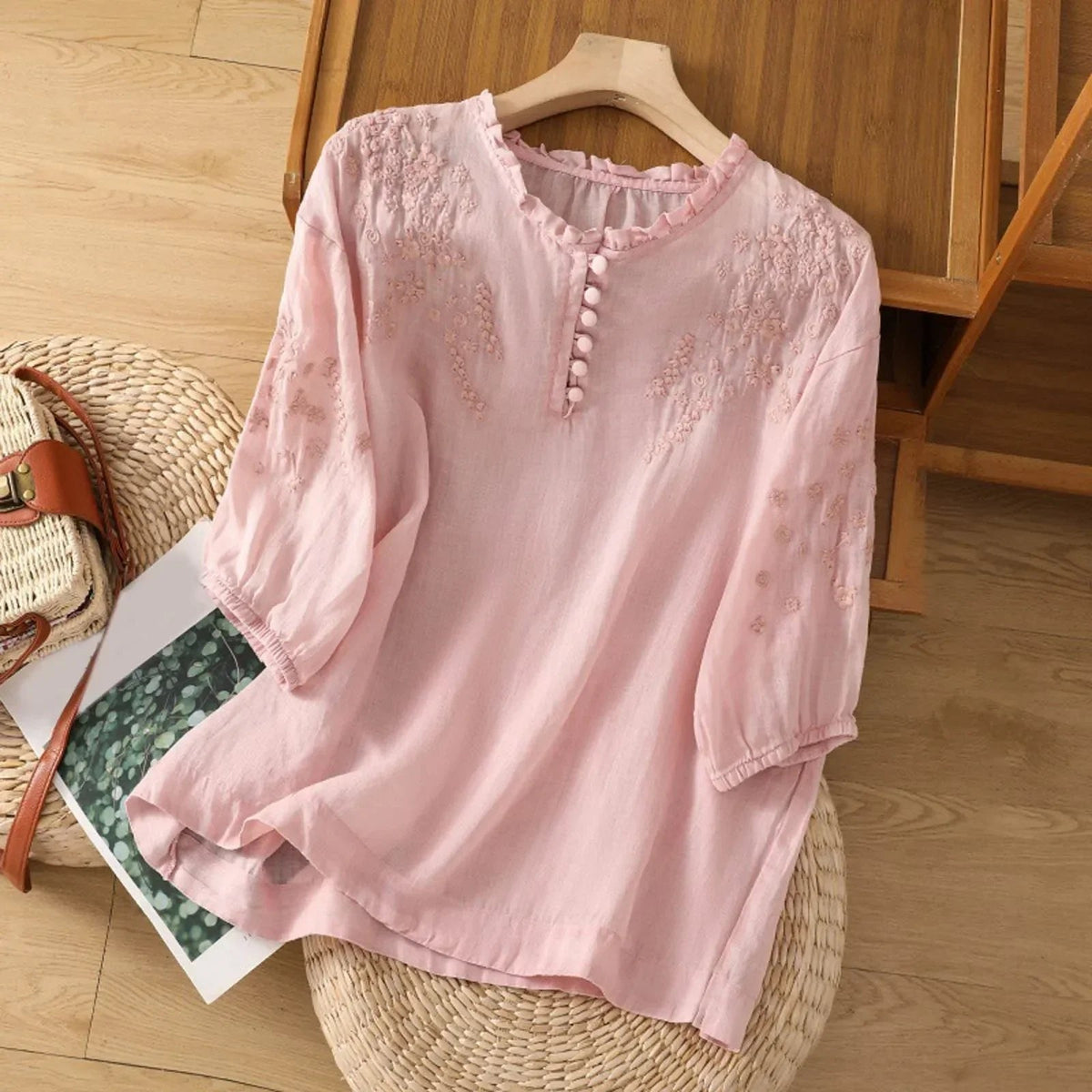Women's Relaxed-Fit Floral Embroidered Puff-Sleeve Blouse - Bohemian - Pink