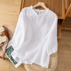 Women's Relaxed-Fit Floral Embroidered Puff-Sleeve Blouse - Bohemian - White