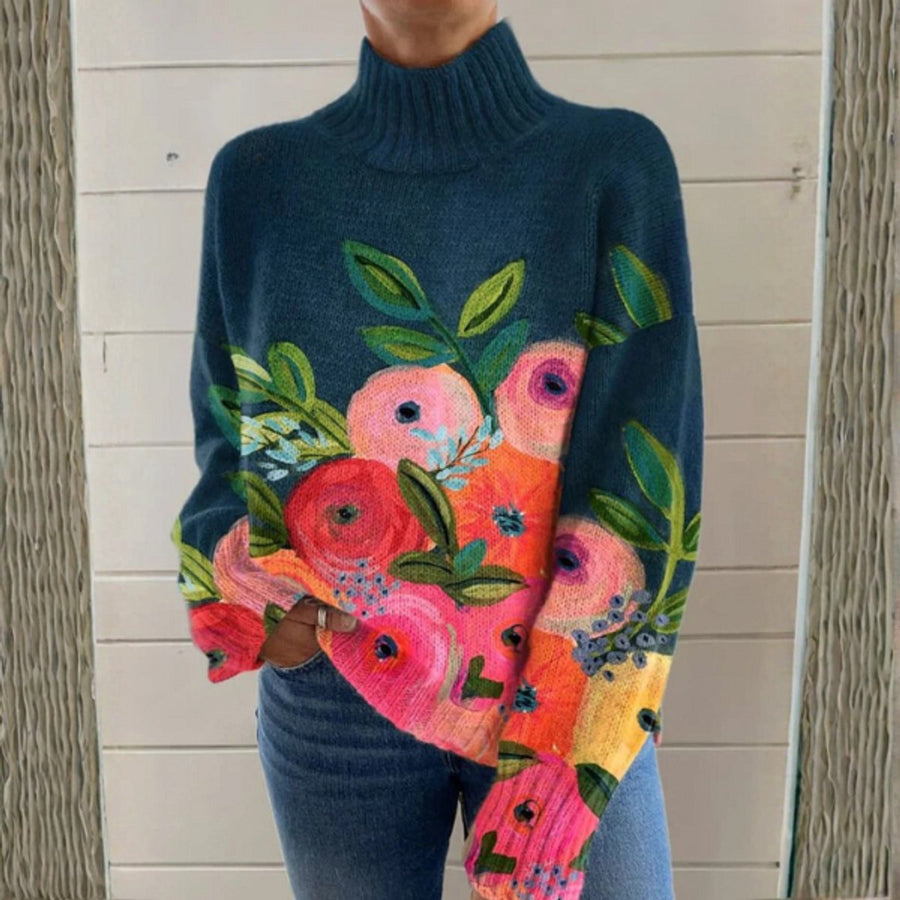 Women's Relaxed-Fit Floral Knit Turtleneck Sweater | Autumn - Multicolor