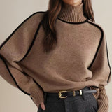Women's Relaxed-Fit Lantern-Sleeve Knit Turtleneck Sweater | Autumn - Brown