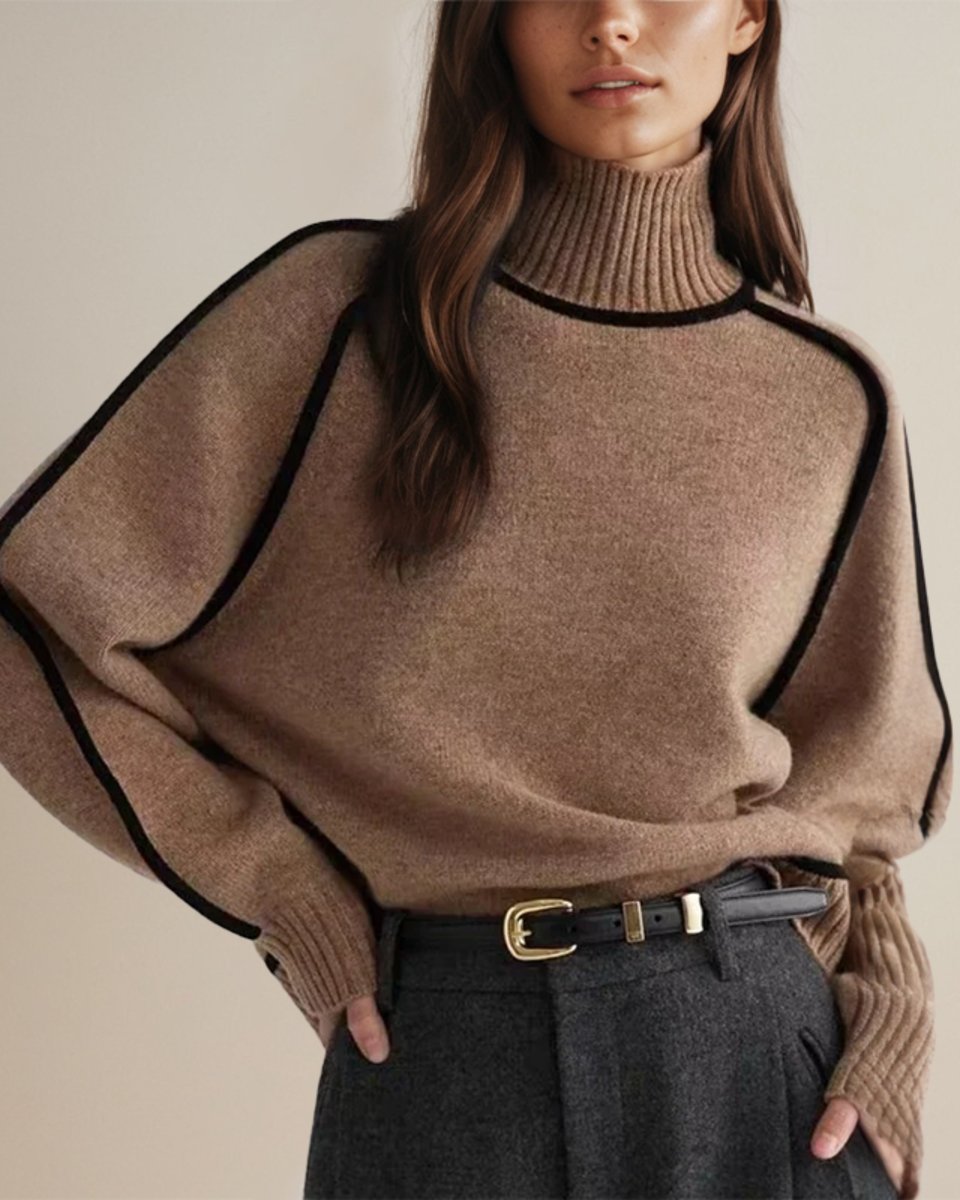 Women's Relaxed-Fit Lantern-Sleeve Knit Turtleneck Sweater | Autumn - Brown