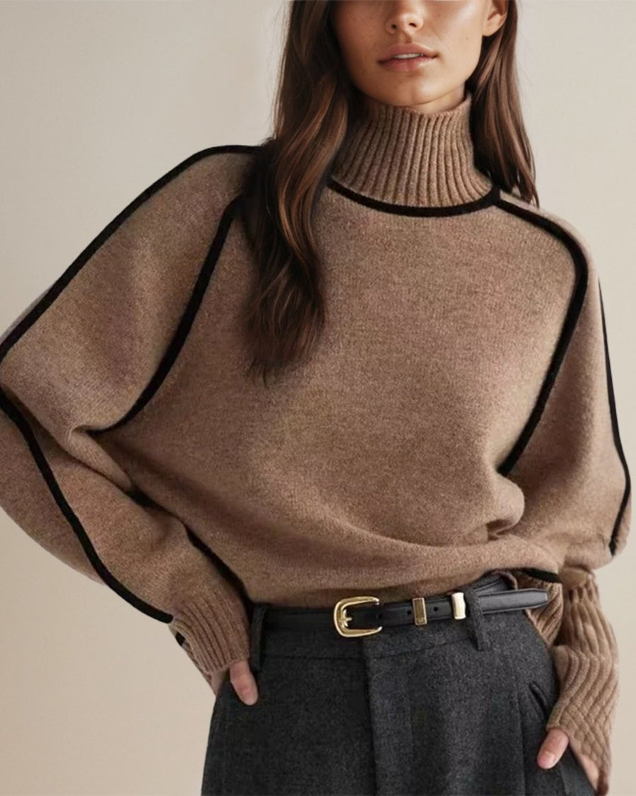 Women's Relaxed-Fit Lantern-Sleeve Knit Turtleneck Sweater | Autumn - Brown
