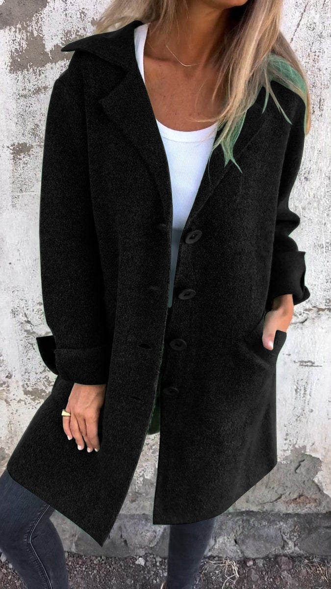 Women's Relaxed-Fit Lapel Coat - Longline Button-Front | Autumn - Black