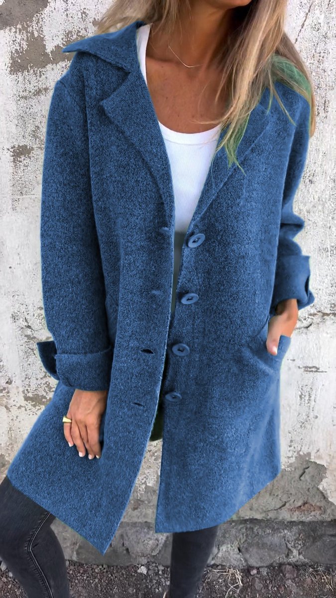 Women's Relaxed-Fit Lapel Coat - Longline Button-Front | Autumn - Blue