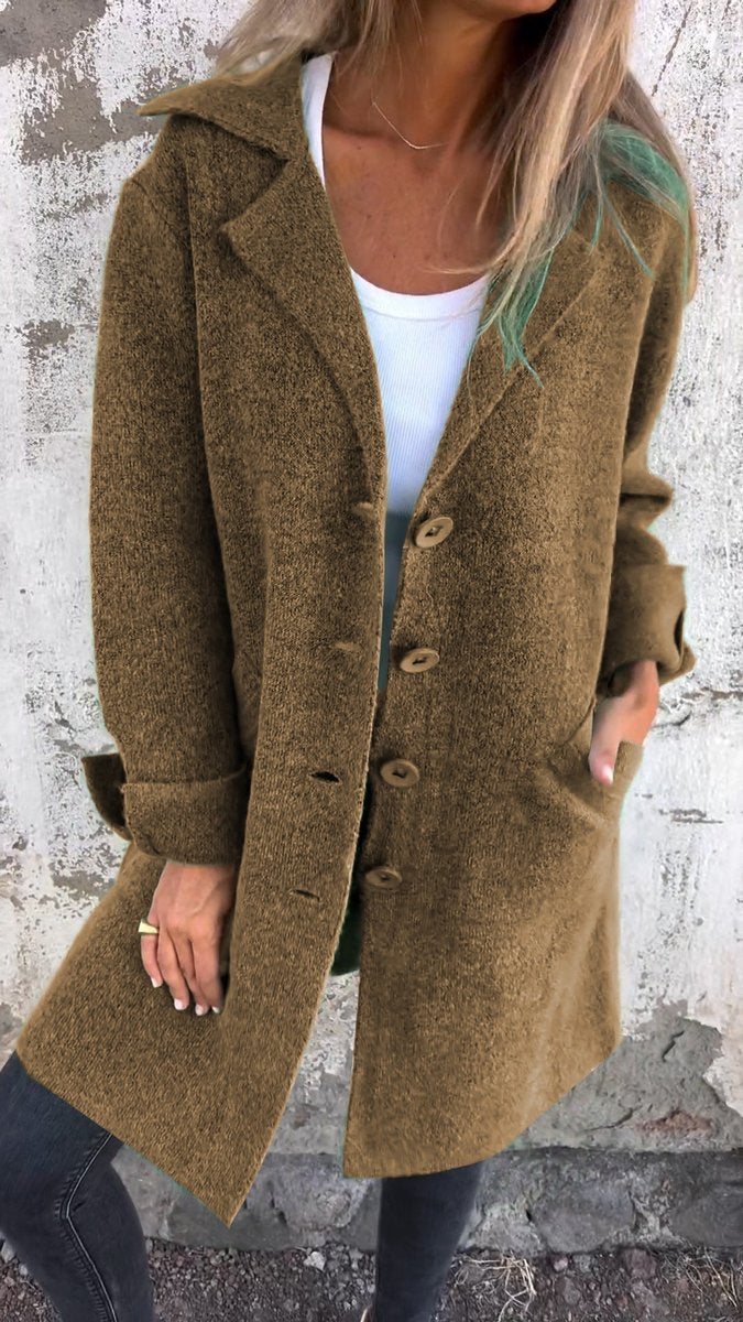 Women's Relaxed-Fit Lapel Coat - Longline Button-Front | Autumn - Brown