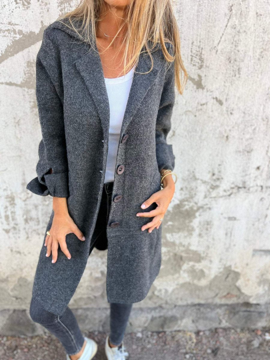 Women's Relaxed-Fit Lapel Coat - Longline Button-Front | Autumn - Grey