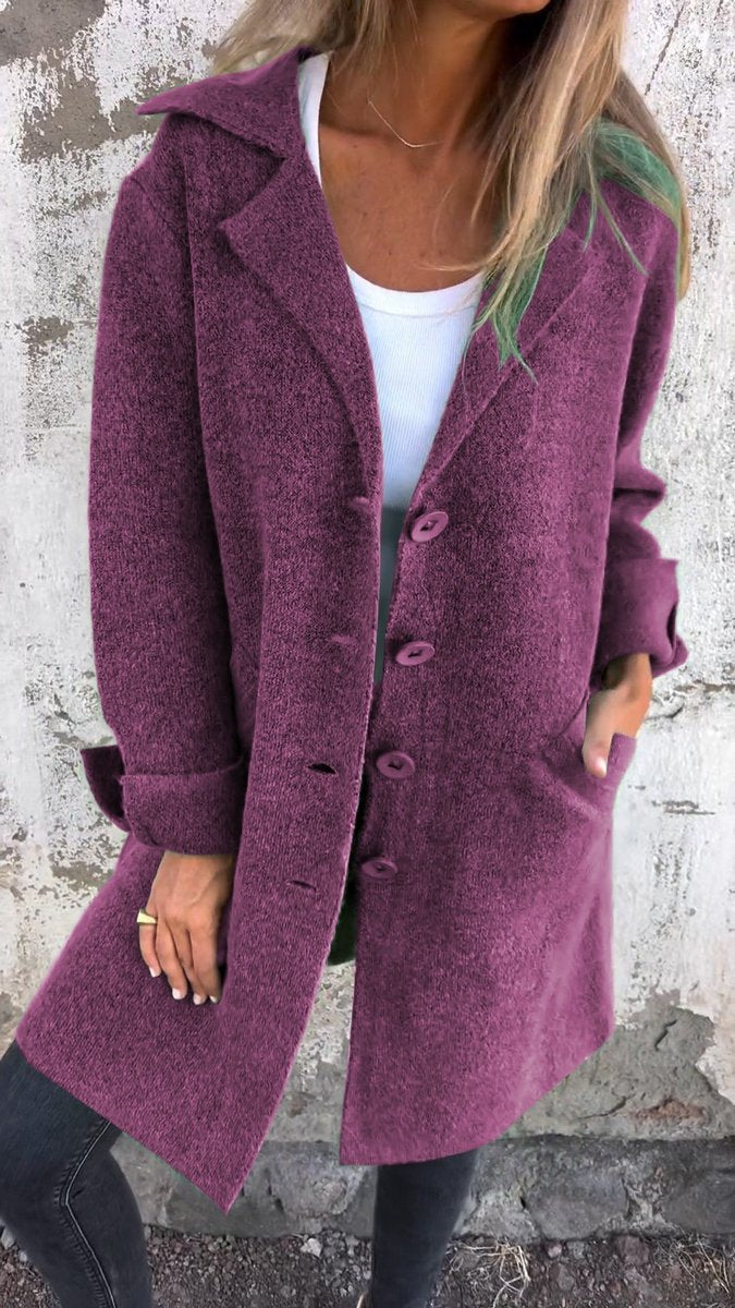 Women's Relaxed-Fit Lapel Coat - Longline Button-Front | Autumn - Purple